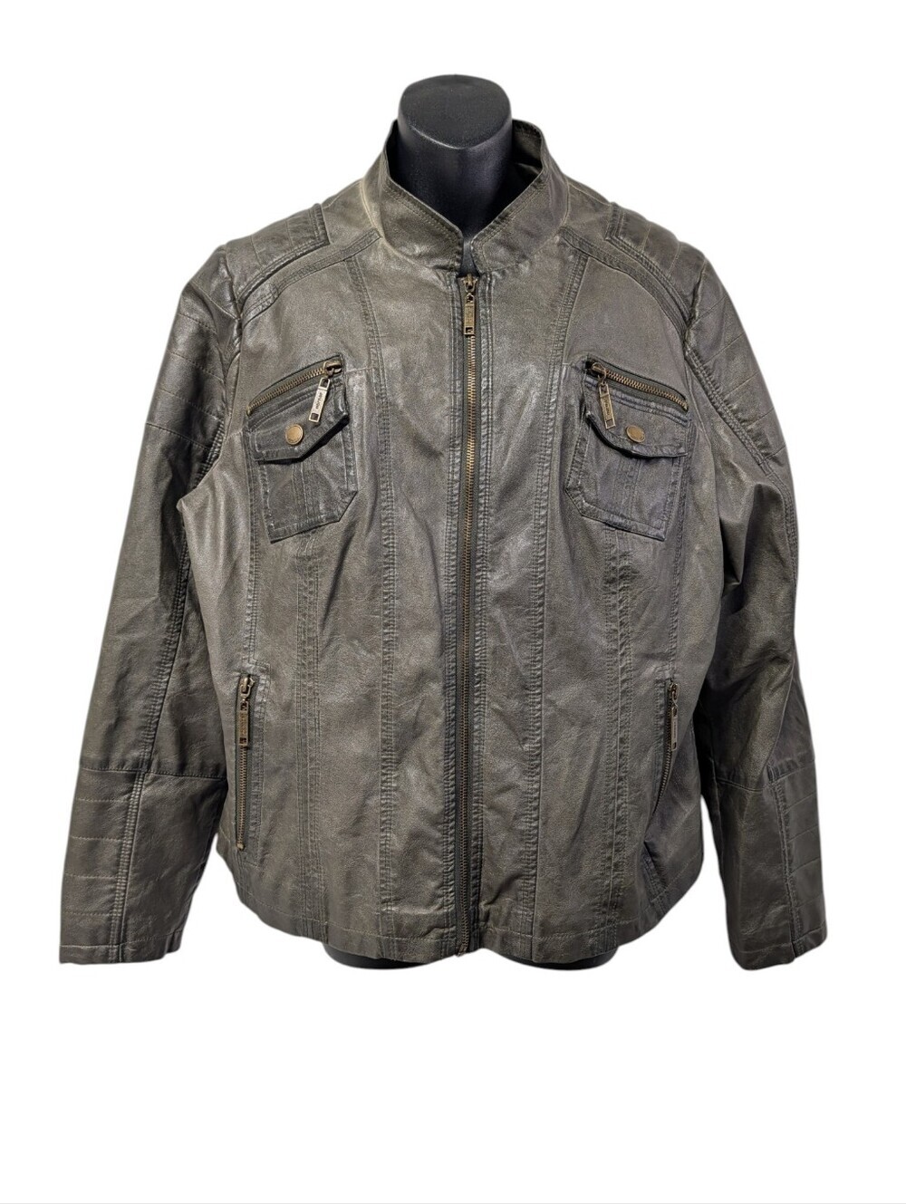 Jou Jou Women's Dark Green Faux Leather Moto Jacket Plus Size 1X Zip Up Pockets